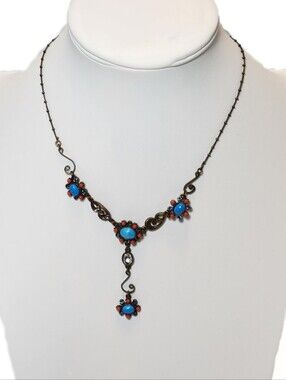 Ollipop Turquoise Orange Glass Crystals Antiqued Goldtone Necklace GORGEOUS